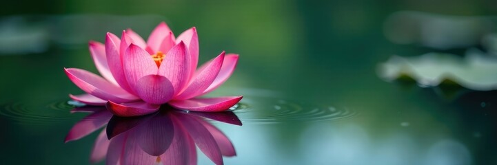 Fototapeta premium Delicate pink petals float on calm lake surface, clear reflection, pink lotus flower, blooming flower