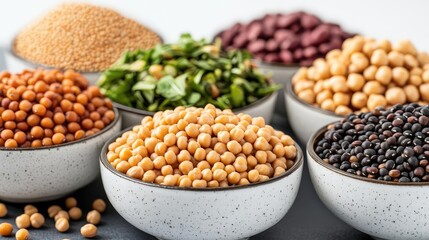 Fototapeta premium Plant-based foods idea. A variety of colorful legumes and spices arranged in bowls, showcasing diverse ingredients.