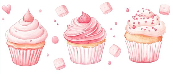A trio of pink-themed cupcakes with decorative frosting and sprinkles.