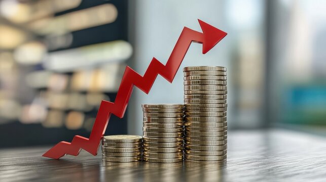 Growing oil price coin chart on white background with red arrow and mock up place. Up, gas and petrol concept. 3D Rendering illustration