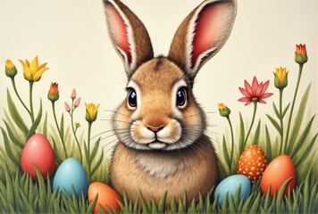 Brown Rabbit with Easter Eggs and Wildflowers