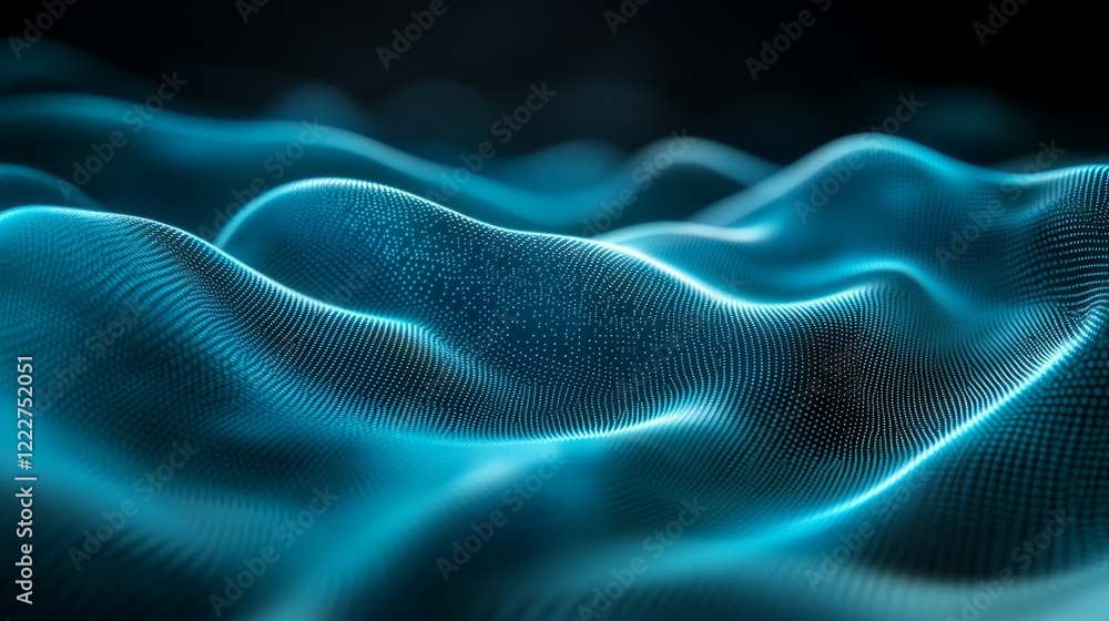 Poster abstract turquoise mesh with blue-green blur gradient, grainy noise texture and flowing dynamic desi