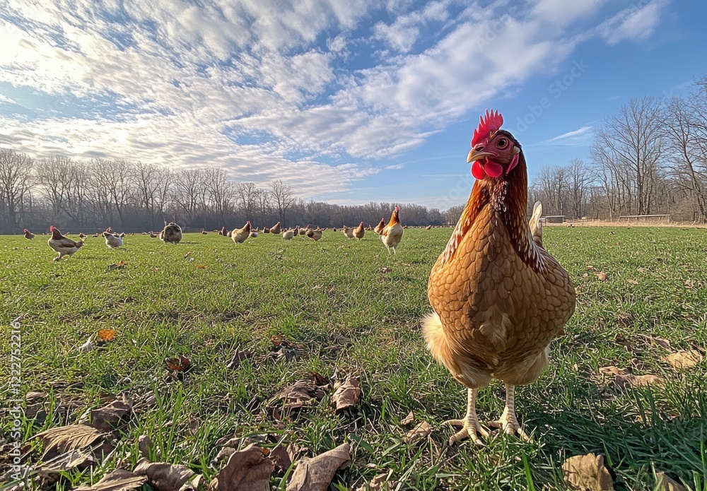 Poster close-up of a curious free-range chicken in a lush green field with a group of chickens grazing unde