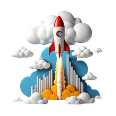 3D Rocket with Graph Going Up Isolated on White Background Symbolizing Progress, Growth, Success, Economic Improvement, Financial Gain, Rocket Icon, Business Development, Upward Trend, Achievement 
