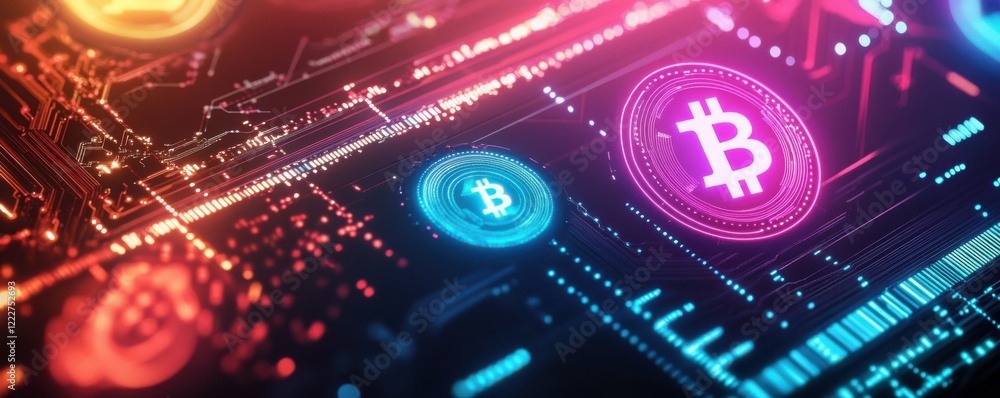 Poster neon cryptocurrency circuit board with bitcoin and blockchain technology symbols