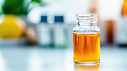 Immune boosting foods concept. A vintage glass jar filled with golden syrup on a blurred background.