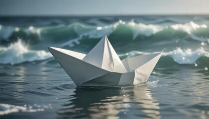 Obraz premium Gentle ocean waves softly caress a delicate paper boat, gentle ripples, soft focus