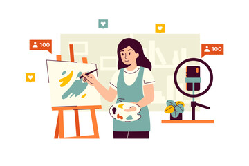 Vector illustration of an artist blogger painting a picture and shooting a video for social networks on her device. A woman with a palette in her hand shows an online master class in painting