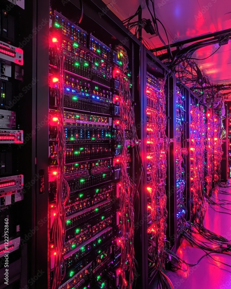 Poster a data center with rows of glowing servers and network cables