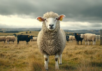 Obraz premium Close-Up of a Curious Sheep in a Pastoral Landscape with Black Cattle Grazing in the Background Under a Dramatic Cloudy Sky