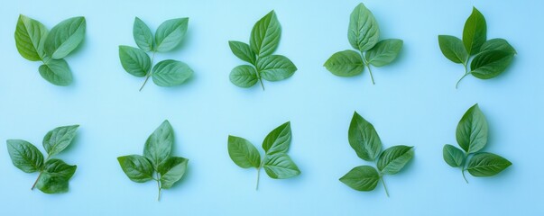 Fototapeta premium Variety of green leaves on blue background
