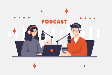 Vector illustration of podcast hosts in studio discussing topics with microphones, headphones and laptop. Girl and man communicating with audience online. Couple of people having casual conversation