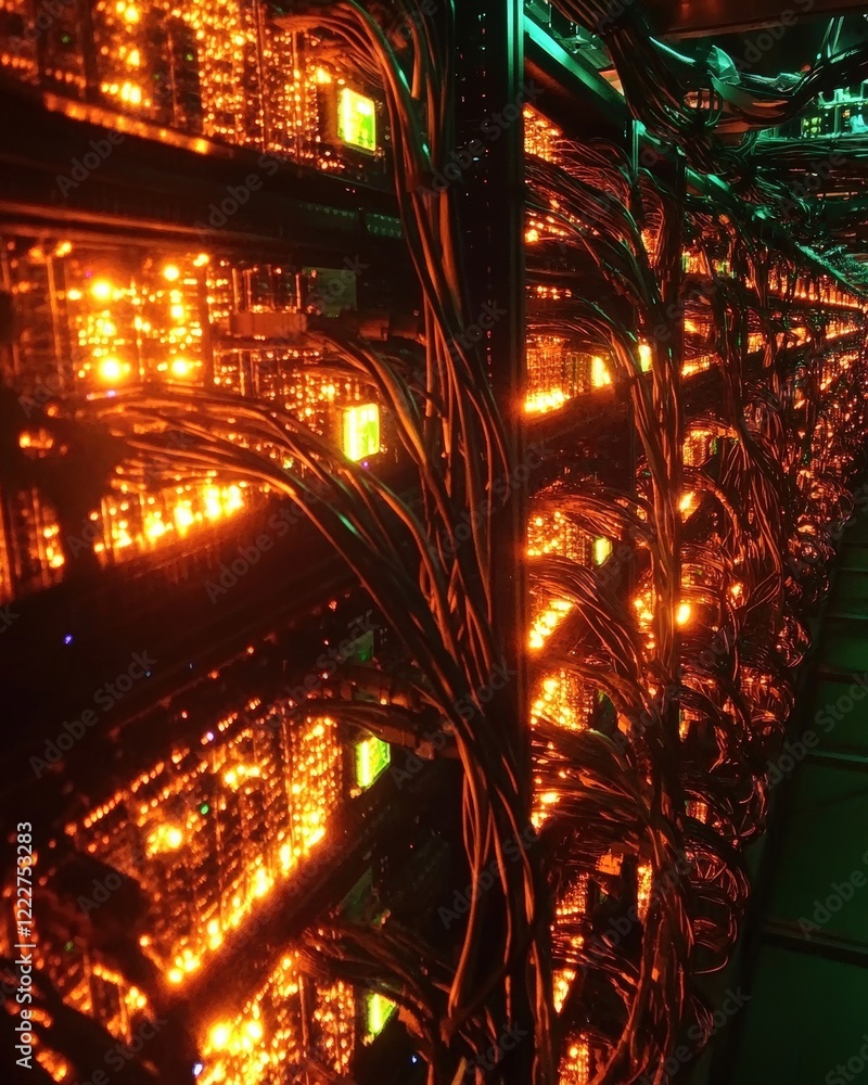 Poster a data center with rows of glowing servers and network cables