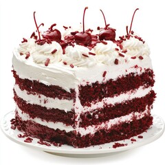 Delicious red velvet cake with cherries,  isolated on white. Perfect for dessert menus