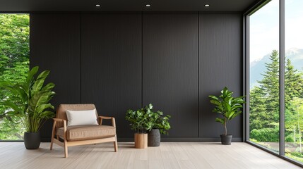 Modern living room with armchair, plants, and mountain view. Ideal for interior design websites