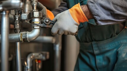 A close-up of a plumber in coveralls and gloves, holding a pipe wrench with plumbing fixtures and pipes in the background, Plumbing scene