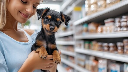 Young blonde woman enjoys shopping for pet supplies while holding her miniature pinscher in a vibrant pet store aisle