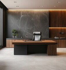 Design an interior of a modern room with a brown wooden console table, an armchair, and a beautiful plant in the corner on a parquet floor near a white wall with a poster frame mockup and elegant pers