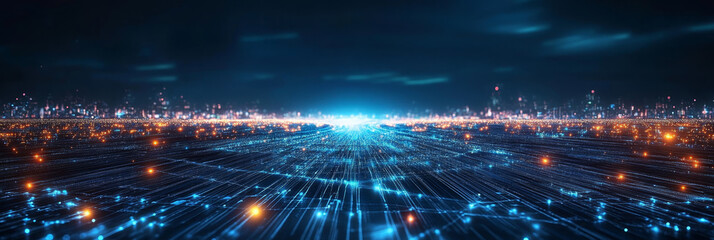 Fototapeta premium Digital cityscape: glowing network streams converge on a distant horizon.