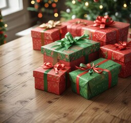 Obraz premium Gift boxes wrapped in festive red and green paper on a table, christmas gifts, gift presentation