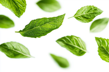 Fototapeta premium Fresh green leaves falling on white background.