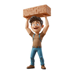 3D Labor Worker Carrying Bricks Happily Symbolizing Hard Work, Positive Attitude, Construction Labor, Modern 3D Design Icon, Joyful Worker Image, Professional Construction Symbol, Laborer Icon
