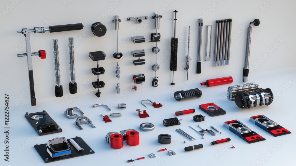 Poster collection of various mechanical tools and components arranged neatly on a white background