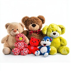 Plush toys, group, studio shot, white background, children's play