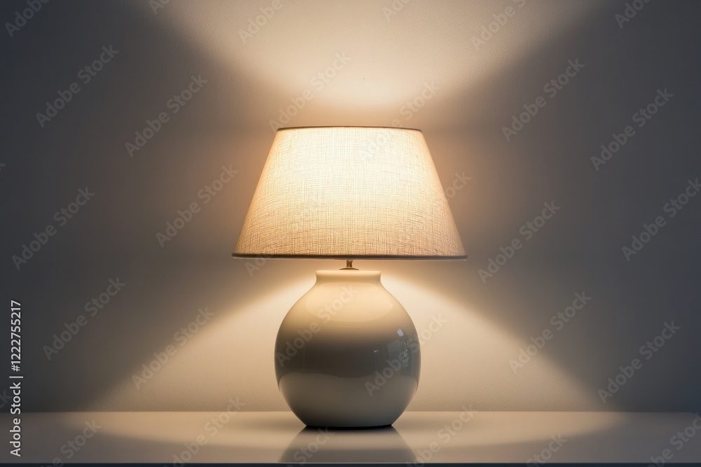 Poster elegant table lamp radiating warmth with soft lighting against a minimalistic white backdrop
