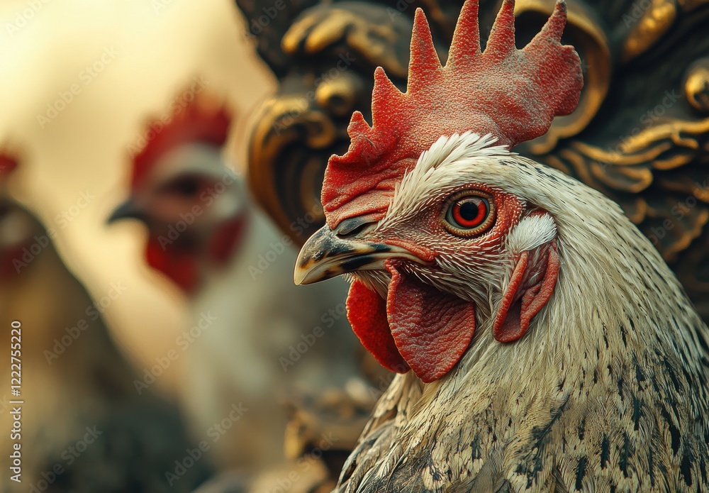 Poster close-up of a majestic rooster displaying striking features and vibrant colors amid a soft backgroun