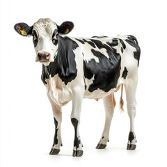 Close-Up of a Polished Young Dairy Cow with Distinctive Black and White Coat, Showcasing Features of an Ideal Livestock Animal in a Pure White Background