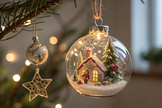 Illuminated glass Christmas ornament with miniature snowy village scene hanging on tree.
