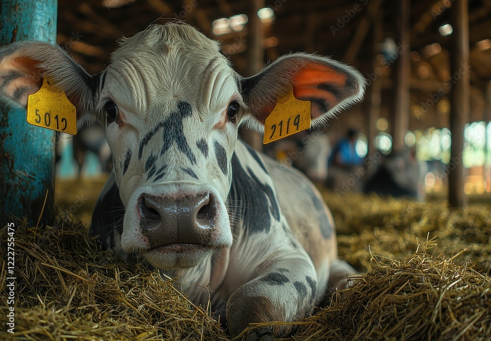 Poster close-up of a resting dairy cow with unique patterns and ear tags in a rustic barn environment surro