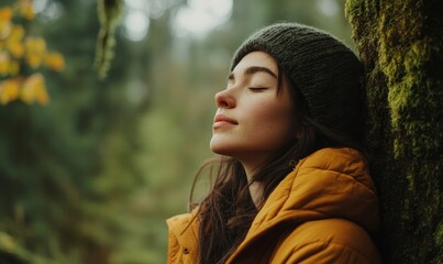 Young Woman Leaning Against Moss-Covered Tree in Tranquil Natural Setting, Reflective Mood, Autumn Colors, Connection with Nature, Contentment, Relaxed in Forest Scene, Generative AI