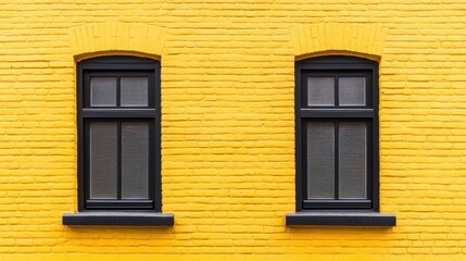 Bright Yellow Wall with Two Black-Framed Windows in Urban Setting