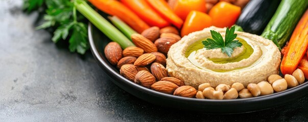 Whole foods concept. Healthy platter with hummus, fresh vegetables, and nuts for a nutritious snack.