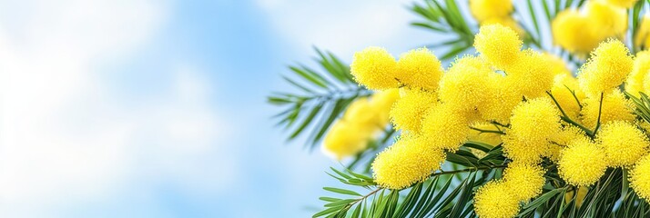 Spring mimosa blossoms, blue sky background, floral greeting card