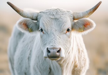 Close-Up of a White Cow Head with Prominent Horns and Captivating Expression in a Softly Blurred Natural Background, Perfect for Animal and Nature Enthusiasts, Livestock Farming, or Rural Themes