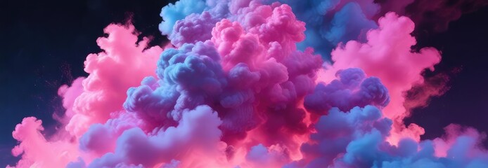 Fototapeta premium Glowing clouds of colored smoke with neon pink purple and blue shades, shimmering particles, dreamy atmosphere