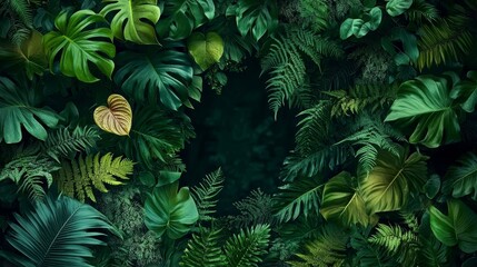 Lush Green Tropical Jungle Foliage Backdrop With Exotic Plants, Ferns, And A Dark, Empty Center