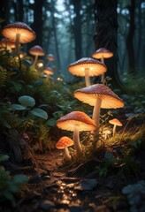 Fototapeta premium Glowing mushrooms and vines adorn the forest floor, , ethereal environment