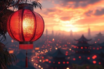 Obraz premium Lunar New Year Red Lanterns Illuminating City at Sunset