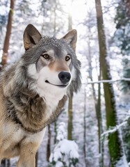 Fototapeta premium Majestic wolf enjoying winter wonderland in snowy forest