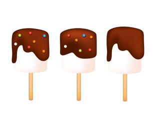 Marshmallow lollipops with chocolate and confetti arranged on wooden sticks. Yummy candy. Sweet tasty dessert, sugar food. Vector illustration isolated on white background
