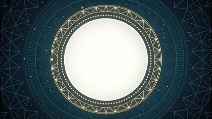 Glowing white circle border on a dark background with geometric patterns, cutting-edge style, vibrant accents, dynamic movement, futuristic pattern, high-tech feel