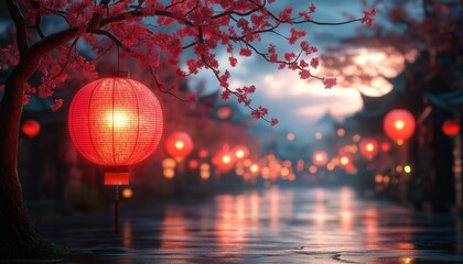 Fototapeta premium Lunar New Year Red Lanterns Lighting Wet Street at Dusk