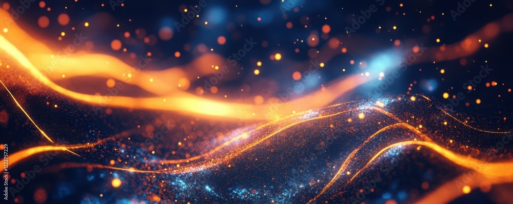 Poster abstract neon wave patterns with glowing particles and light trails