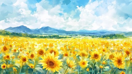 Obraz premium Abstract watercolor landscape background. Nature wallpaper of yellow field, sunflower, sky and cloud. panoramic view of blossom sunflower meadow suitable for cover, banner, wall art, decoration.
