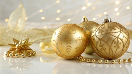 Golden Christmas ornaments in a festive arrangement against a smooth glossy surface, symmetrical design, glossy finish, smooth surface