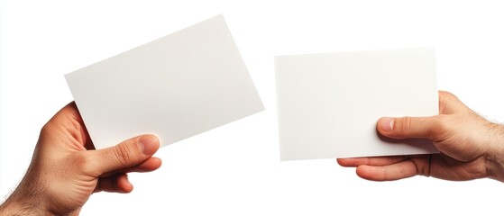 Obraz premium Two hands holding blank cards, suggesting communication or exchange.